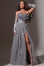 MAXI VESTIDO PENELOPE PLUMAS BROCADO DE TUL GRIS OSCURO MAXI VESTIDO PENELOPE PLUMAS BROCADO DE TUL GRIS OSCURO