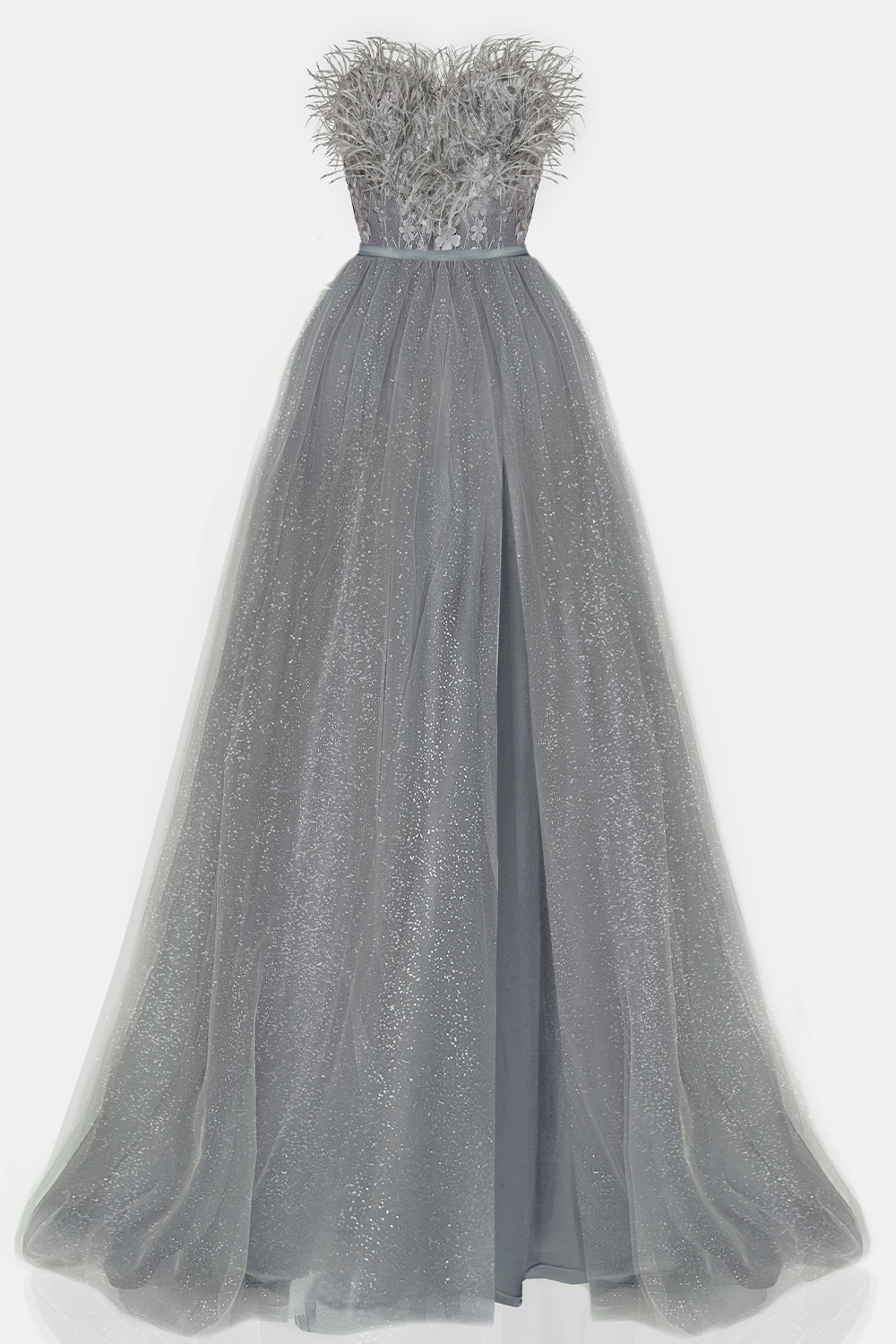 MAXI VESTIDO PENELOPE PLUMAS BROCADO DE TUL GRIS OSCURO MAXI VESTIDO PENELOPE PLUMAS BROCADO DE TUL GRIS OSCURO