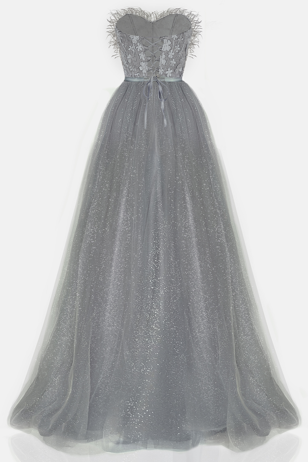 MAXI VESTIDO PENELOPE PLUMAS BROCADO DE TUL GRIS OSCURO MAXI VESTIDO PENELOPE PLUMAS BROCADO DE TUL GRIS OSCURO