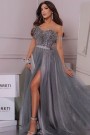 MAXI VESTIDO PENELOPE PLUMAS BROCADO DE TUL GRIS OSCURO MAXI VESTIDO PENELOPE PLUMAS BROCADO DE TUL GRIS OSCURO
