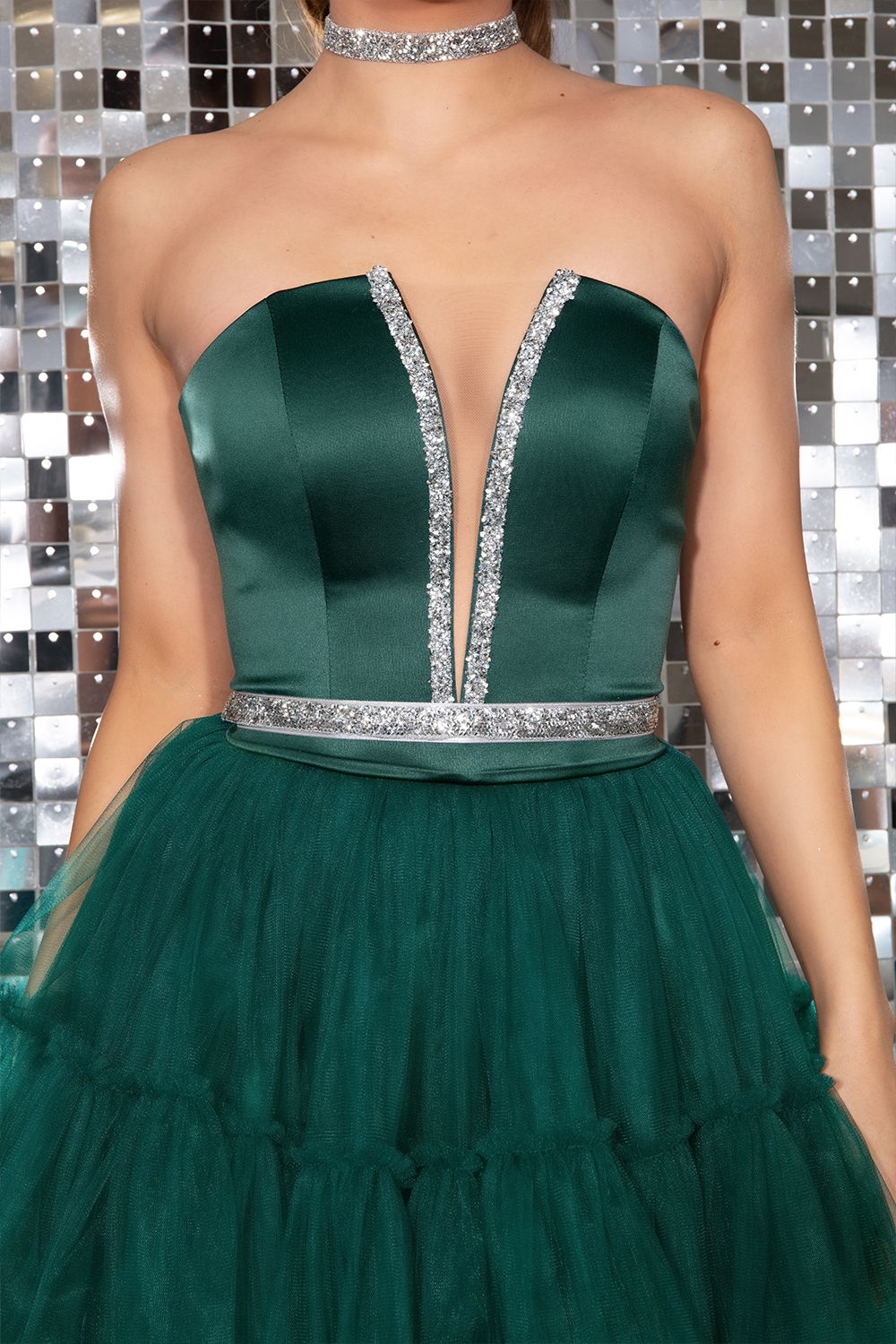 MINI ROCHIE CECILE SATIN TUL VERDE INCHIS MINI ROCHIE CECILE SATIN TUL VERDE INCHIS