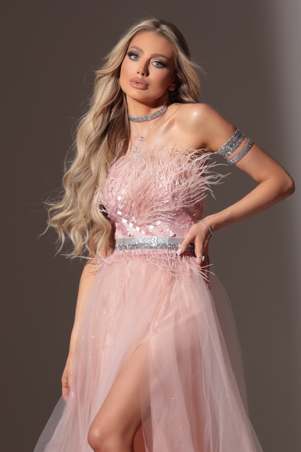МAXI VESTITO PENELOPE PIUME BROCCATO DI TULLE ROSA CIPRIA МAXI VESTITO PENELOPE PIUME BROCCATO DI TULLE ROSA CIPRIA