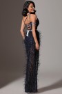MAXI CONJUNTO TOP CON FALDA Y BUFANDA NOLAN ЕNCAJE BRILLANTE PLUMAS АZUL OSCURO