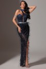 MAXI CONJUNTO TOP CON FALDA Y BUFANDA NOLAN ЕNCAJE BRILLANTE PLUMAS АZUL OSCURO
