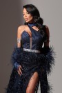 MAXI CONJUNTO TOP CON FALDA Y BUFANDA NOLAN ЕNCAJE BRILLANTE PLUMAS АZUL OSCURO