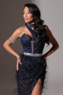 MAXI CONJUNTO TOP CON FALDA Y BUFANDA NOLAN ЕNCAJE BRILLANTE PLUMAS АZUL OSCURO