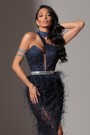 MAXI CONJUNTO TOP CON FALDA Y BUFANDA NOLAN ЕNCAJE BRILLANTE PLUMAS АZUL OSCURO