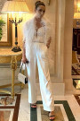 MAXI CONJUNTO TOP CON PANTALONES Y BUFANDA EVANGELINE LENTEJUELAS SATÍN PLUMAS BLANCO