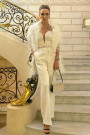 MAXI CONJUNTO TOP CON PANTALONES Y BUFANDA EVANGELINE LENTEJUELAS SATÍN PLUMAS BLANCO
