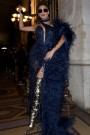 MAXI CONJUNTO TOP CON FALDA Y BUFANDA NOLAN ЕNCAJE BRILLANTE PLUMAS АZUL OSCURO