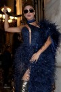 MAXI CONJUNTO TOP CON FALDA Y BUFANDA NOLAN ЕNCAJE BRILLANTE PLUMAS АZUL OSCURO