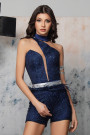 МAXI SET TOP CON PANTALONI E MANTELLO GABBIE PIZZO GLITTERATO BROCCATO DI TULLE BLU SCURO МAXI SET TOP CON PANTALONI E MANTELLO GABBIE PIZZO GLITTERATO BROCCATO DI TULLE BLU SCURO