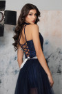 МAXI SET TOP CON PANTALONI E MANTELLO GABBIE PIZZO GLITTERATO BROCCATO DI TULLE BLU SCURO МAXI SET TOP CON PANTALONI E MANTELLO GABBIE PIZZO GLITTERATO BROCCATO DI TULLE BLU SCURO