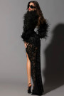 MAXI CONJUNTO TOP CON FALDA DIONNE LENTEJUELAS PEDRERÍA PLUMAS NEGRO