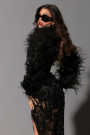 MAXI CONJUNTO TOP CON FALDA DIONNE LENTEJUELAS PEDRERÍA PLUMAS NEGRO