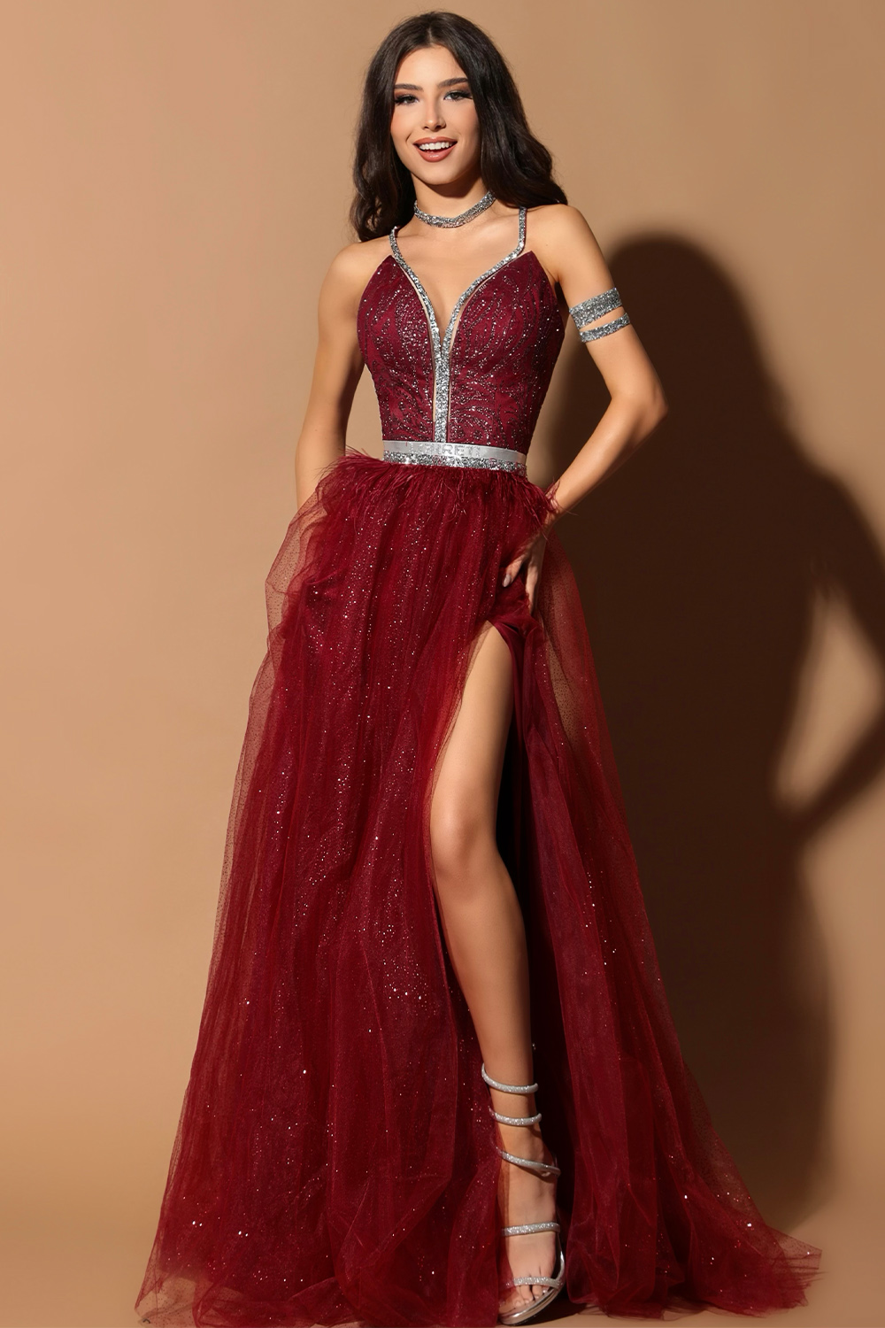 MAXI CONJUNTO TOP CON FALDA CANDICE ЕNCAJE BRILLANTE PEDRERÍA BROCADO DE TUL BORGOÑA