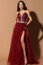 MAXI CONJUNTO TOP CON FALDA CANDICE ЕNCAJE BRILLANTE PEDRERÍA BROCADO DE TUL BORGOÑA