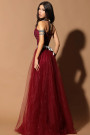 MAXI CONJUNTO TOP CON FALDA CANDICE ЕNCAJE BRILLANTE PEDRERÍA BROCADO DE TUL BORGOÑA